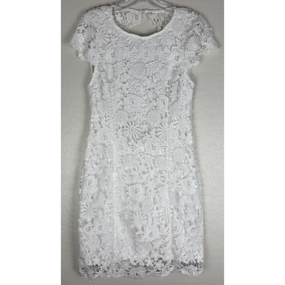 NEW Lulus White Floral Lace Open Back Mini Dress Cap Sleeve Bridal Large 1382 - Picture 1 of 7